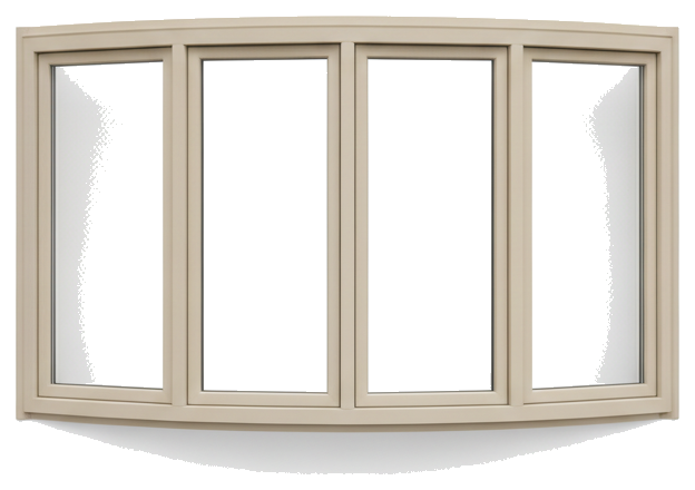 Beige vinyl bow window with curved multi-section projection