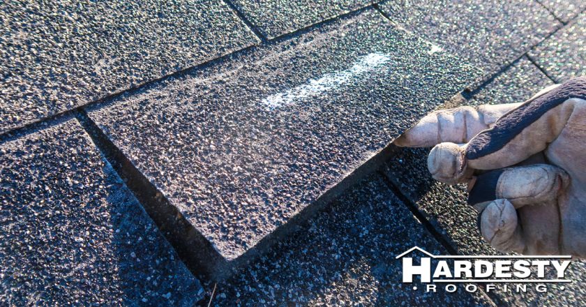 Close inspection of a lifted shingle tab on an asphalt roof